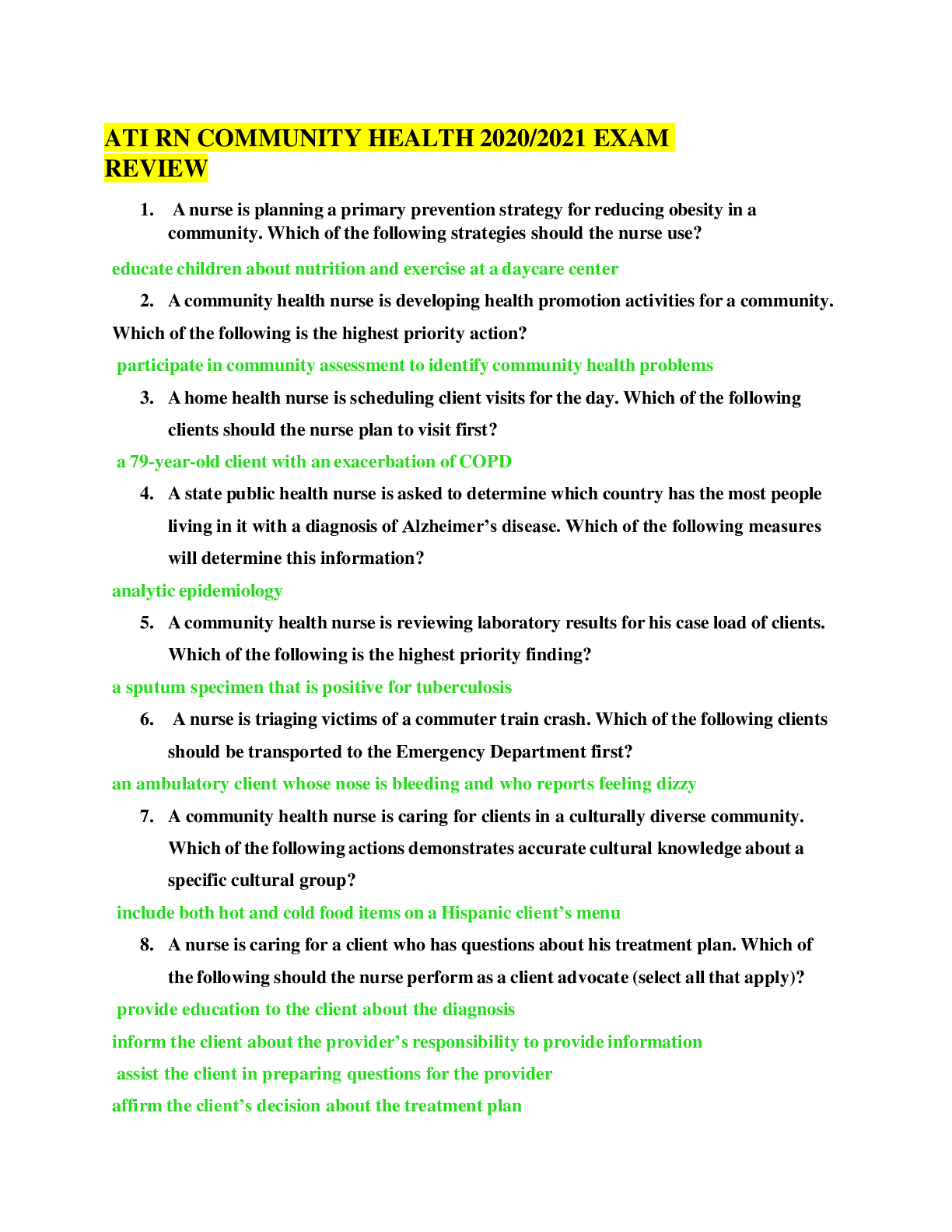 Preview image for ATI RN COMMUNITY HEALTH 2020/2021 EXAM REVIEW